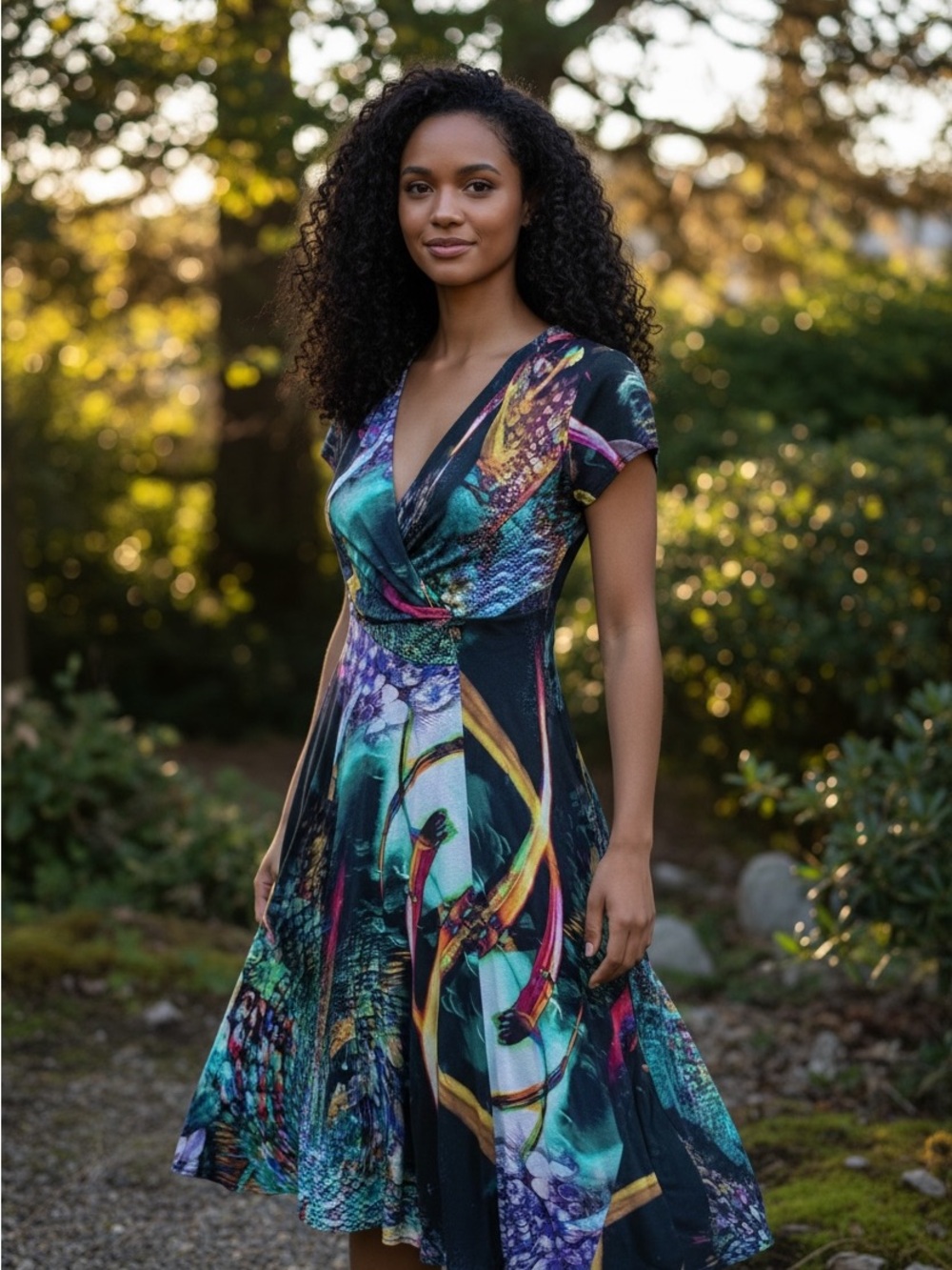 Rare!  Elana Kattan Multicolor V-Neck Wrap Midi Dress
